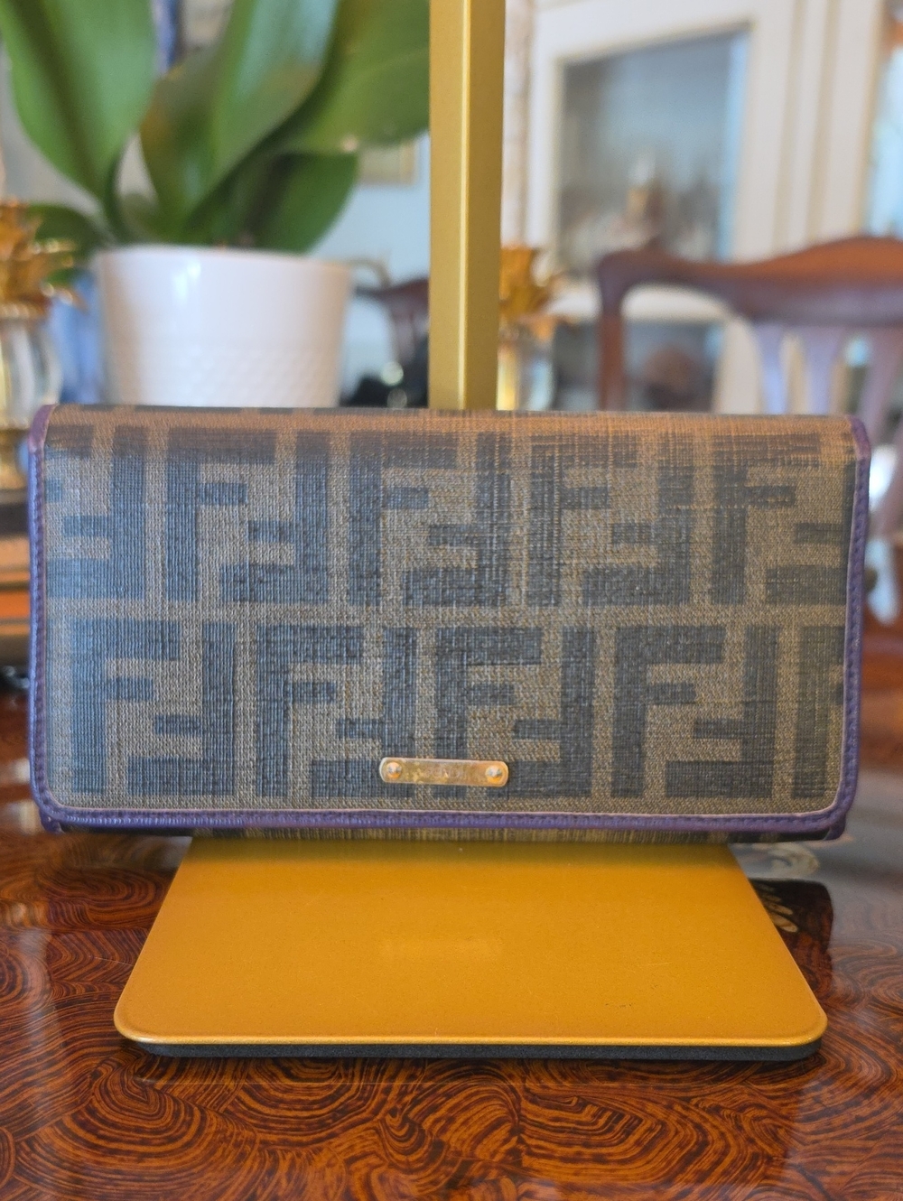 Fendi Brown FF Canvas Continental Wallet With Purple Trim